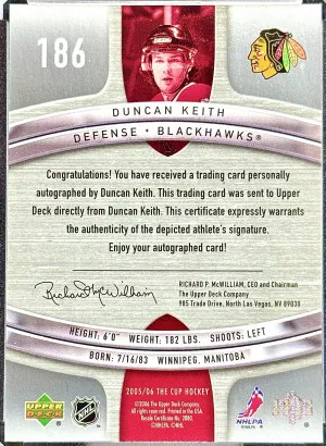 Duncan Keith 2005-06 The Cup Rookie Auto 083/249 back