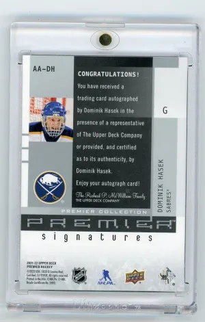 2021-22 UD Premier Dominik Hasek 20th Anniversary Autograph 16/35 Premier Signatures #AA-DH back