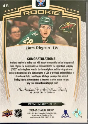 Liam Öhgren 2024–25 Upper Deck Stature RPA Premium Auto Blue /10 back