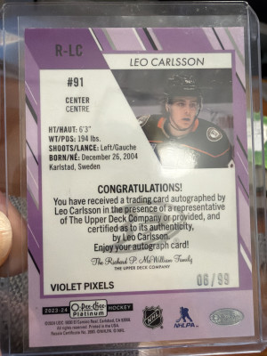 2023 Leo Carlsson OPC Platinum Violet Pixels /99 back