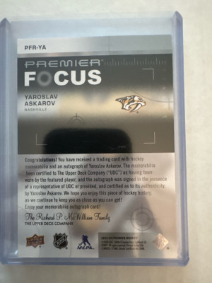 2023-24 Premier - Yaroslav Askarov #PFR-YA Premier Focus Rookie Auto Patch /175 back