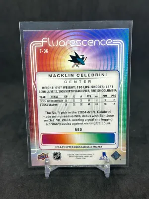 Macklin Celebrini 2024-25 Upper Deck Series 2 Fluorescence Red #F-36 Rookie back