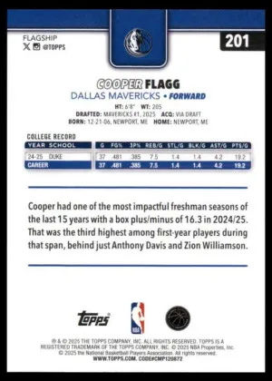 #201 Cooper Flagg 2025-26 Topps back