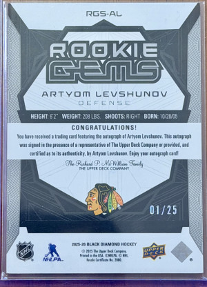 2025 Artyom Levshunov Black Diamond Rookie Gems Signatures Auto /25 back