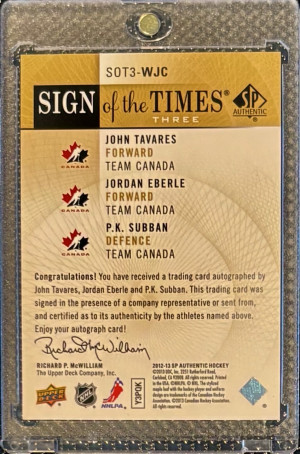 2012 SP Authentic Sign Of The Times Three AUTO John Tavares /Eberle/ Subban /25 back