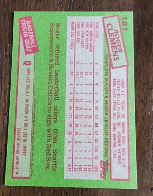 1985 Topps Roger Clemons Rookie back