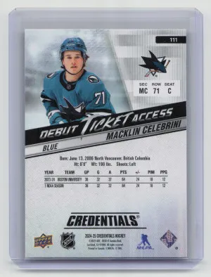 2025 UD Credentials Debut Ticket Access Macklin Celebrini #111 Blue RC 317/399 back