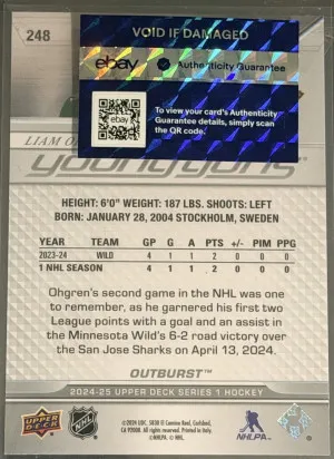 2024 Liam Öhgren Upper Deck Series 1  Young Guns Red Outburst /25 back