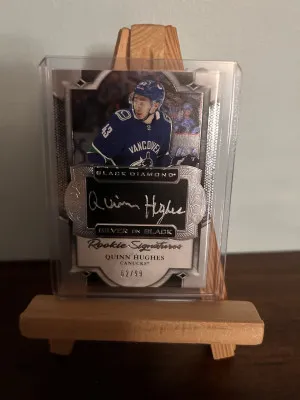2019-20 Black Diamond Quinn Hughes #SBRS-QH Rookie Signatures Silver On Black (62/99) front