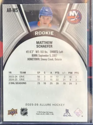 Matthew Schafer 2025-26 Upper Deck Allure Rookie Card back