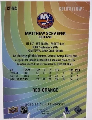 2025-26 Allure Hockey Matthew Schaefer Color Flow Red-Orange Islanders RC back