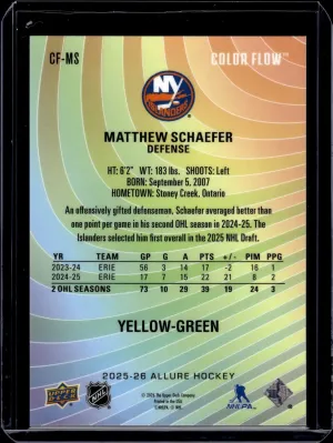 2025-26 Upper Deck Allure #CF-MS Matthew Schaefer Color Flow Yellow-Green RC back