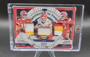 2024 Panini Certified Mahomes/Kelce/Worthy Stitches In Time front