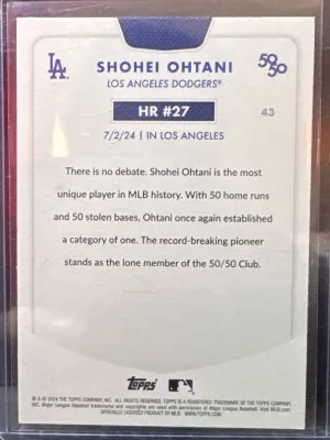 2024 Topps SHOHEI OHTANI 50/50 CARD #43 - HR #27 back