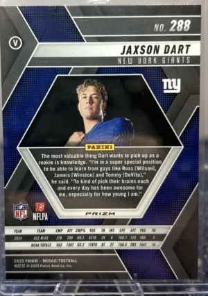 2025 Mosaic Jaxson Dart True Silver Variation Prizm Rookie - Giants #288 (RC) back