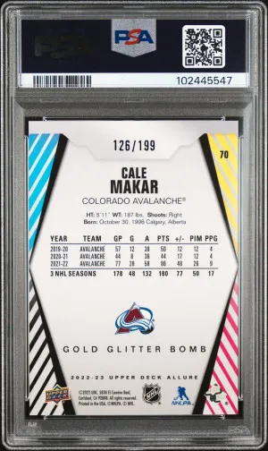 2022-23 Cale Makar Allure Gold Glitter Bomb /199 PSA 10 back