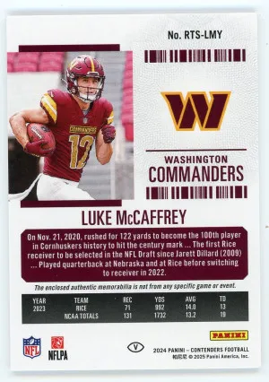 2024 Contenders Luke McCaffrey Rookie Ticket Jersey back