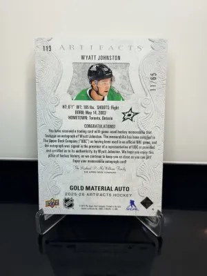2025-26 Artifacts Gold Material Auto /65- Wyatt Johnston back