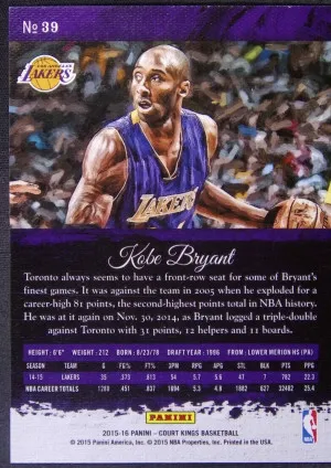 2015-16 Panini Court Kings Kobe Bryant #39 Case Hit SSP back