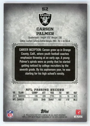 2012 Topps Inception #52 Carson Palmer Green  73/75 back