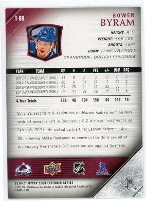 2020-21 Upper Deck Bowen Byram '05-06 Upper Deck Young Guns Tribute #T-98 back