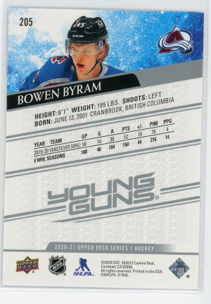 2020-21 Upper Deck #205 Bowen Byram Young Guns back