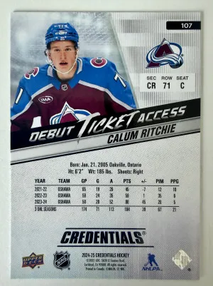 2024 Upper Deck Credentials Debut Ticket Access Calum Ritchie Rookie 496/999 back