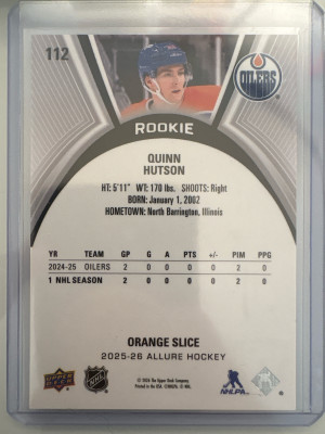 Quinn Hutson, 2025-26 Allure Hockey, Orange Slice back