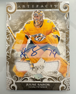 Juuse Saros, 2024-25 Artifacts, Gold Auto Materials /65 front