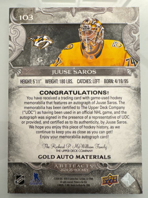 Juuse Saros, 2024-25 Artifacts, Gold Auto Materials /65 back