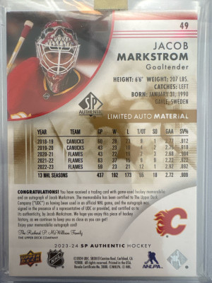 Jacob Markstrom, 2023-24 SP Authentic, Limited Auto Material /100 back