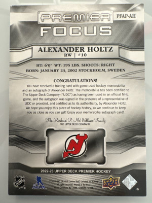 Alexander Holtz, 2022-23 Premier Hockey, Premier Focus, Patch Auto /99 back