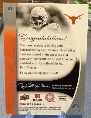 2010 SP Authentic Rookie Auto Earl Thomas #43/599 back