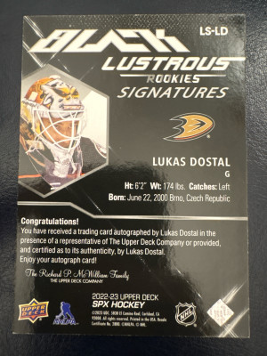 Lukas Dostal, 2022-23 SPx Hockey, Black Lustrous Rookie Signatures /299 back