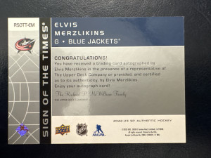 Elvis Merzlikins, 2022-23 SP Authentic, Sign Of The Times Auto back