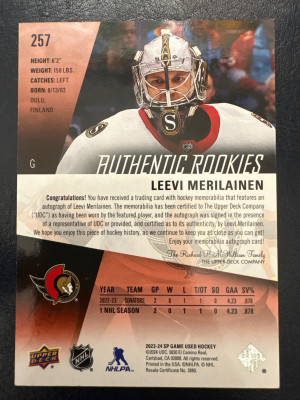 Leevi Merilainen, 2023-24 SP Game Used, Authentic Rookies Jersey Auto /149 back