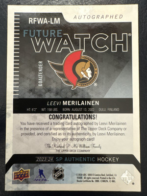Leevi Merilainen, 2023-24 SP Authentic Rookie Future Watch Auto /699 back