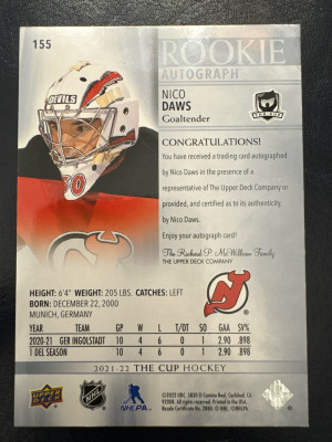 Nico Daws, 2021-22 The Cup, Rookie Autograph /249 back