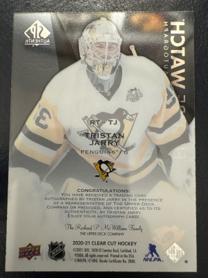 Tristan Jarry, 2020-21 Clear Cut Hockey, Future Watch Autograph (SP Authentic) back