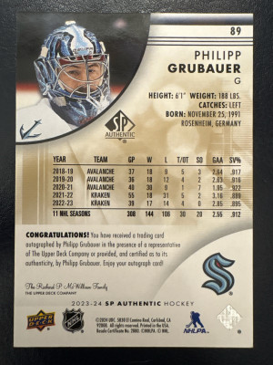 Philipp Grubauer, 2023-24 SP Authentic Limited Auto back