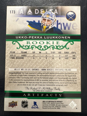 Ukko-Pekka Luukkonen, 2021-22 Artifacts, Rookie Jersey Patch Auto /45 back
