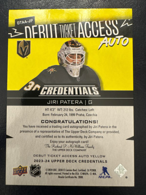 Jiri Patera, 2023-24 Credentials, Debut Ticket Access Auto Yellow /125 back