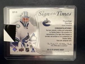 Thatcher Demko, 2021-22 SP Authentic, Sign Of The Times Auto back