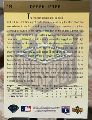 1993 Upper Deck Derek Jeter #449 Gold Hologram (RC) back