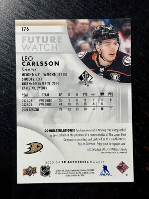 2023-24 SP Authentic Leo Carlsson #176 #/999 Anaheim Ducks back