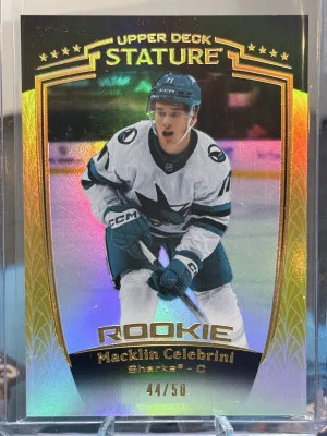 2024-25 Stature Macklin Celebrini Gold /50 Rookie front