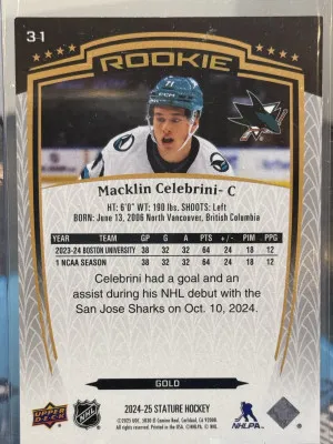 2024-25 Stature Macklin Celebrini Gold /50 Rookie back