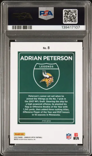 2024 Panini Donruss Optic Downtown Legends Adrian Peterson PSA 10 back