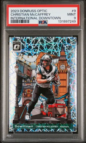 2023 Panini Donruss Optic International Downtown Christian Mccaffrey PSA 9 front