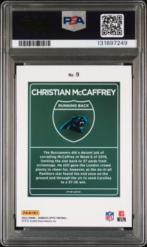 2023 Panini Donruss Optic International Downtown Christian Mccaffrey PSA 9 back